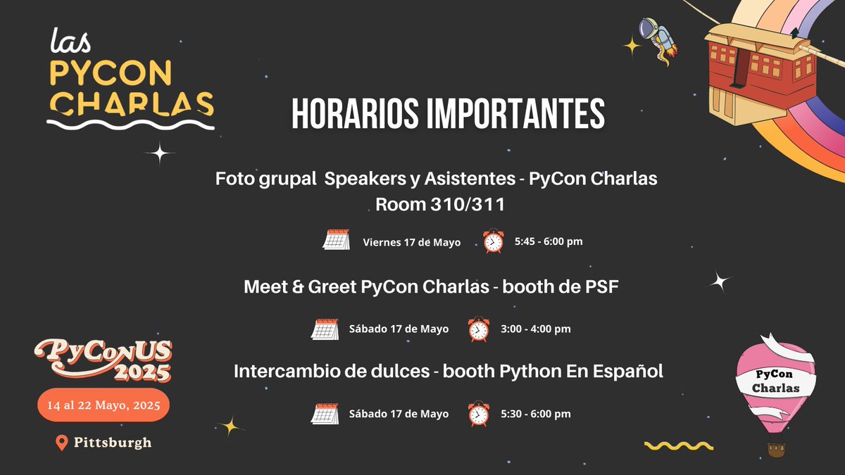 🎉 ¡Ya comenzó #PyConUS 2025 y te esperamos en las actividades de #PyConCharlas!

📸 Foto grupal – hoy 5:45 p.m. (Room PyCon Charlas)
🤝 Meet &amp; Greet – sábado 3:00 p.m. (Booth PSF)
🍬 Intercambio de dulces – sábado 5:30 p.m. (Booth Python en Español)

#PythonEnEspañol #PyCon
