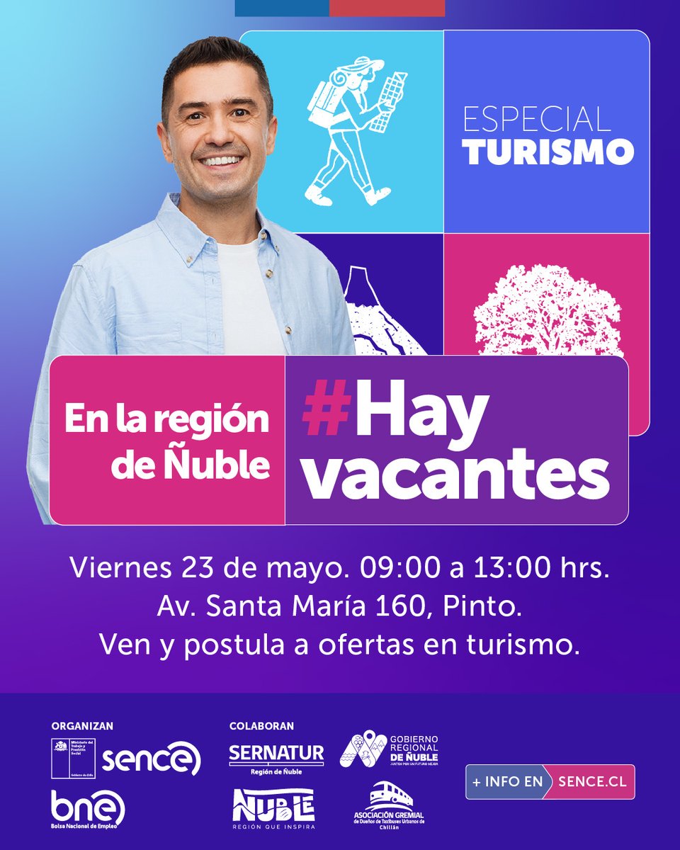 🤩 ¿Buscas trabajo en el rubro turístico?
Te invitamos a visitar la feria laboral del turismo que realizaremos en la comuna de Pinto‼️

📝Día : viernes 23 de mayo.
🕘Horario : 09 a 13 hrs.
📍Lugar: Liceo Politécnico de Pinto.

#HayVacantes #SenceEstáCambiandoVidas #Ñuble