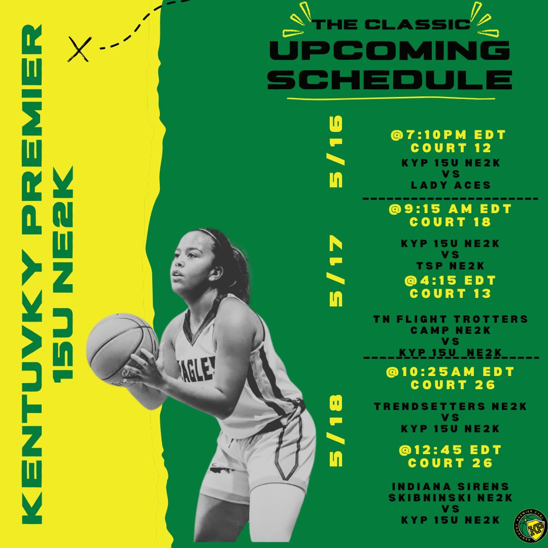 Come out &amp; watch us play in Louisville, Kentucky. At the Classic! Here’s my schedule for the weekend!

<a href="/alyxwhite_/">Alyx White</a> <a href="/PGHAkeem/">Akeem Webb</a> @LadyEagleBball_ <a href="/KentuckyPremier/">Kentucky Premier EYBL</a>