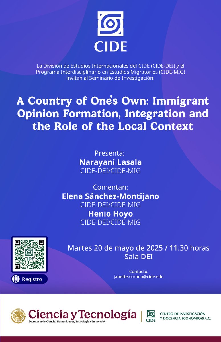 CIDE DEI (@cide_dei) on Twitter photo Te invitamos el 20 de mayo al Seminario de Investigación "A Country of One's Own: Immigrant Opinion Formation, Integration and the Role of the Local Context."
Presenta: Dra. Narayani Lasala, comentan: Dra. Elena Sánchez-Montijano y  Dr. Henio Hoyo Te invitamos el 20 de mayo al Seminario de Investigación "A Country of One's Own: Immigrant Opinion Formation, Integration and the Role of the Local Context."
Presenta: Dra. Narayani Lasala, comentan: Dra. Elena Sánchez-Montijano y  Dr. Henio Hoyo