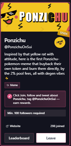 hoantran02's tweet photo. New project everyone @PonzichuOnSui, join now to receive the project's airdrop and increase your @GiveRep points. https://t.co/OPeTyK9iHj