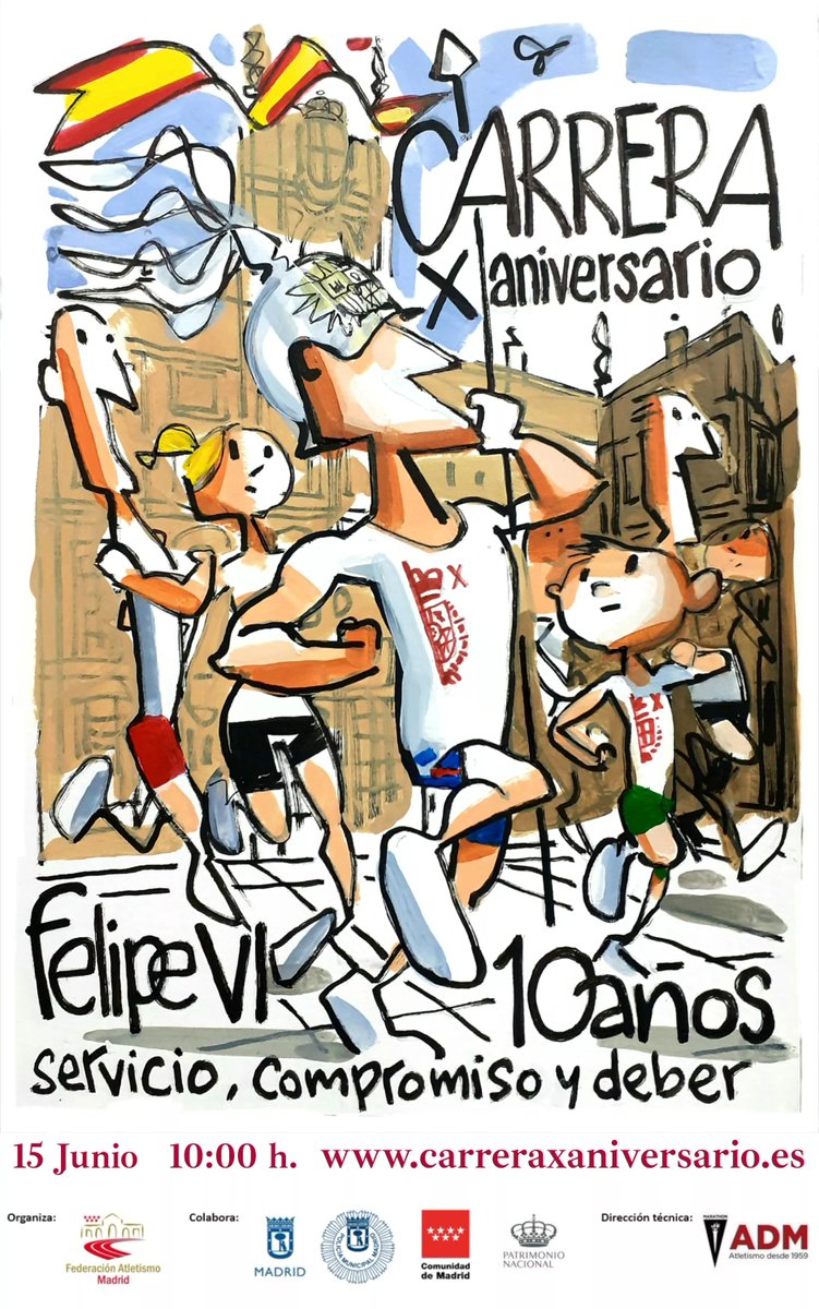 Servicio, compromiso y deber. Este 10 de junio, la <a href="/ComunidadMadrid/">Comunidad de Madrid</a> con la <a href="/CasaReal/">Casa de S.M. el Rey</a> en la Carrera del X aniversario del reinado de S.M. El Rey Felipe VI. 

Felicidades, Majestad. 

carreraxaniversario.es