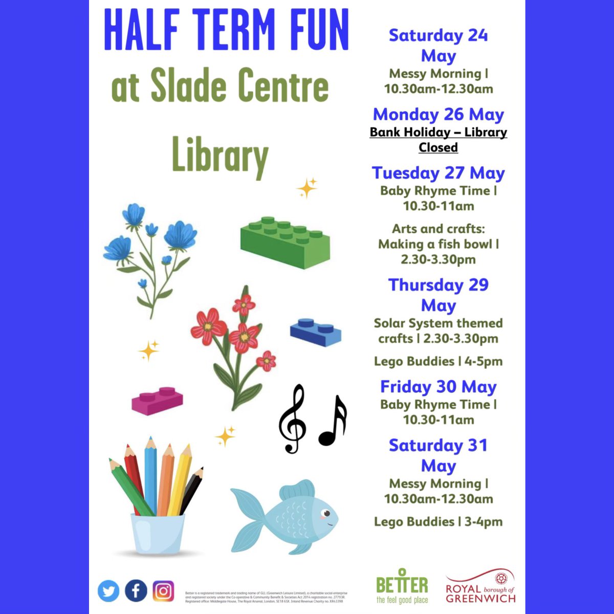 GreenwichLibs's tweet image. Join the #HalfTermFun coming up at #SladeLibrary! ✨ We’ve got an exciting variety of fun and free activities for children including arts and crafts, Lego building adventures, baby rhyme time, lots of books to read and more! 🎨 📚 #LoveYourLibrary