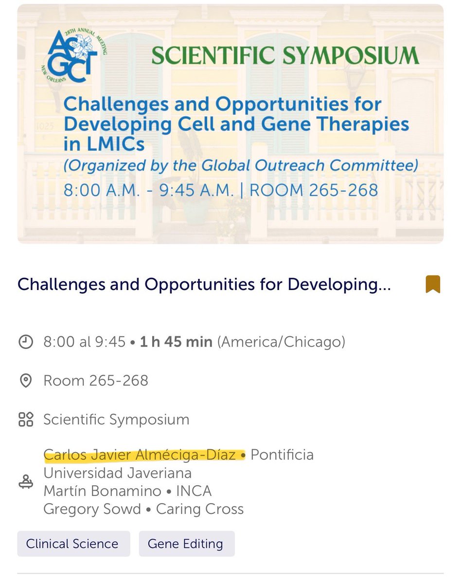 Nuestro director tuvo la oportunidad de participar en el congreso de la <a href="/ASGCTherapy/">ASGCT</a> presentando los retos y oportunidades en el área de la terapia génica en países de ingresos medios y bajos <a href="/PujCiencias/">Facultad Ciencias Pontificia Universidad Javeriana</a>