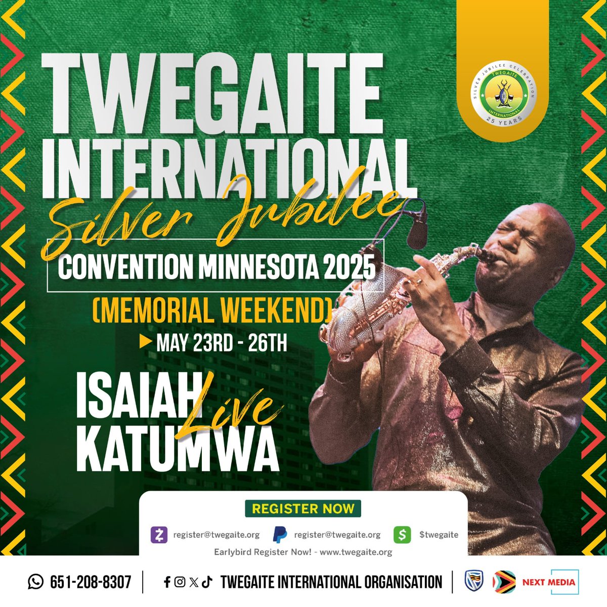 ToutMusicAfrica's tweet photo. Top artist @IsaiahKatumwa will be performing at the #TwegaiteIntl2025 in Minnesota. The @TwegaiteOrg Silver Jubilee Convention will take place between 23rd to 26th May 2025 (Memorial Weekend). #TwegaiteIntlAt25 https://t.co/j23R2mLHj0