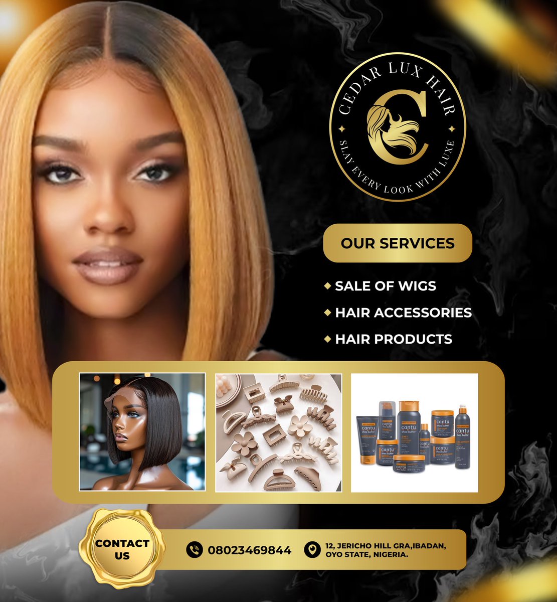 phemi04's tweet image. Just wrapped this luxe branding+flyer design for Cedar Lux Hair  Bold, elegant, and black-gold classy — just like the brand itself. From logo to layout, every detail says “Slay Every Look with Luxe.” #GraphicDesign #BrandIdentity #HairBusiness #DesignWithPurpose #GiddyVisuals