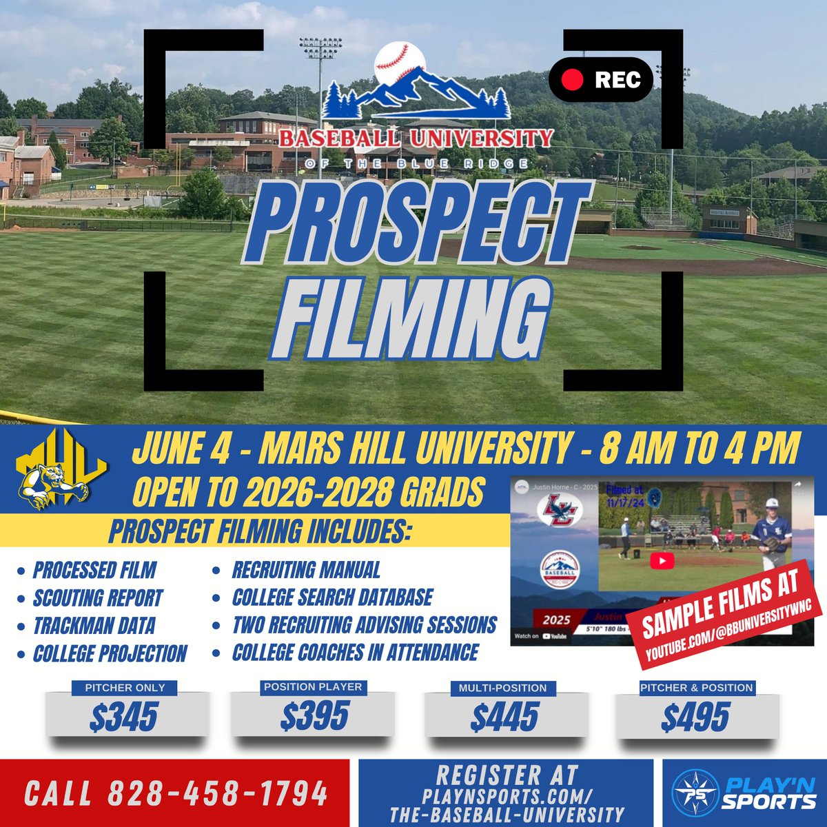 Baseball University of the Blue Ridge (@bbuniversitywnc) on Twitter photo Our June 4th Prospect Filming at <a href="/MHUBaseball/">Mars Hill Baseball</a> is shaping up to be a good one
Register soon as spots are limited:
playnsports.com/event/mars-hil…
-Quality Film
-Honest Evaluation & Projections
-Metrics: <a href="/TrackManBB/">Trackman Baseball</a>; Lasered 60 yds
-Recruiting Tools: College Database, Recruiting Manual, Our June 4th Prospect Filming at <a href="/MHUBaseball/">Mars Hill Baseball</a> is shaping up to be a good one
Register soon as spots are limited:
playnsports.com/event/mars-hil…
-Quality Film
-Honest Evaluation & Projections
-Metrics: <a href="/TrackManBB/">Trackman Baseball</a>; Lasered 60 yds
-Recruiting Tools: College Database, Recruiting Manual,