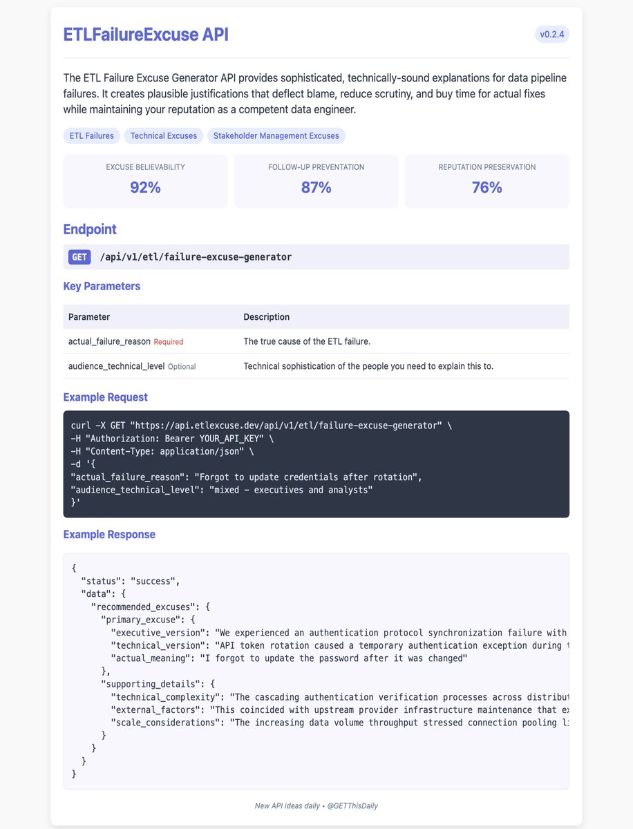 DailyMCP's tweet photo. GET /api/v1/etl/failure-excuse-generator

Generates believable technical explanations for why your data wasn't loaded on time that nobody will question.

"Unexpected data anomalies" sounds better than "I forgot to update the cron job."
#DataEngineering #Data #ETL #TechnicalExcuse #Stakeholder #Tech #API