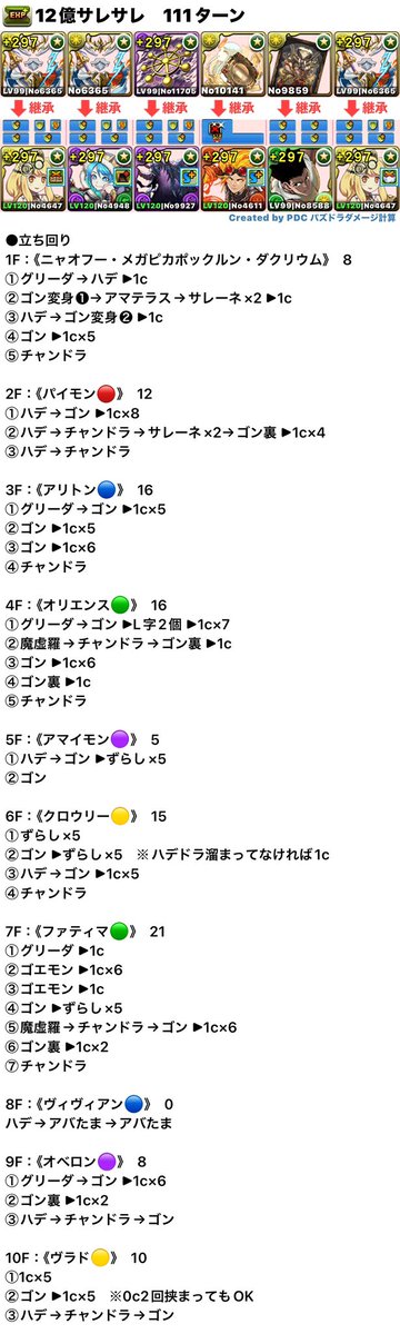 kasajizo_pad's tweet photo. 12億コロシアム　サレサレ
111ターン固定立ち回り

もみ〜じさん編成のペンシルゴンなしバージョンです
13分台も観測済み https://t.co/bCfZS4P4xe