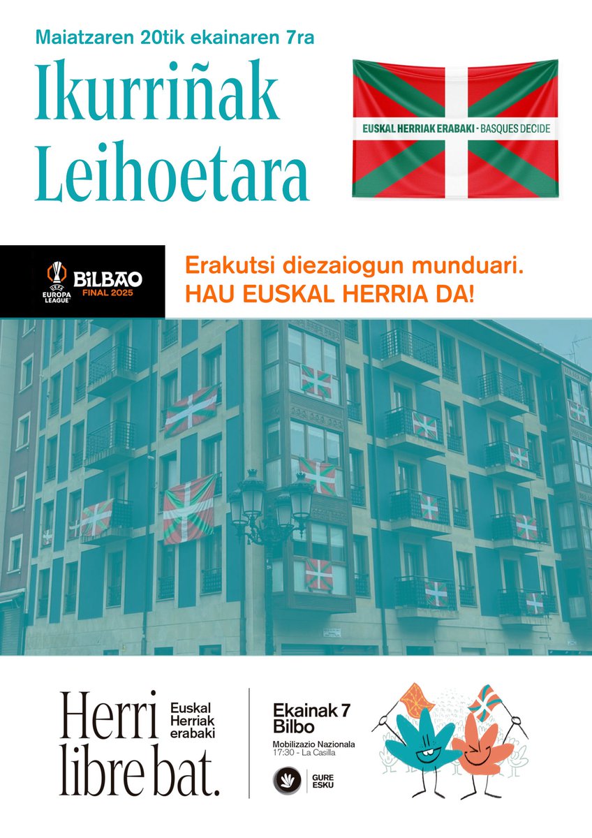 ⚽ Europa League-ko finala Bilbon jokatuko da: aukera bikaina munduari erakusteko herri bat garela, nortasun, kultura eta hizkuntza propioarekin.

🌐 Erakuts dezagun munduan hemen erabaki nahi duen HERRI bat dagoela!

Ikurriñak Leihoetara, EH mundura!
#HerriLibreBat
#EHkErabaki