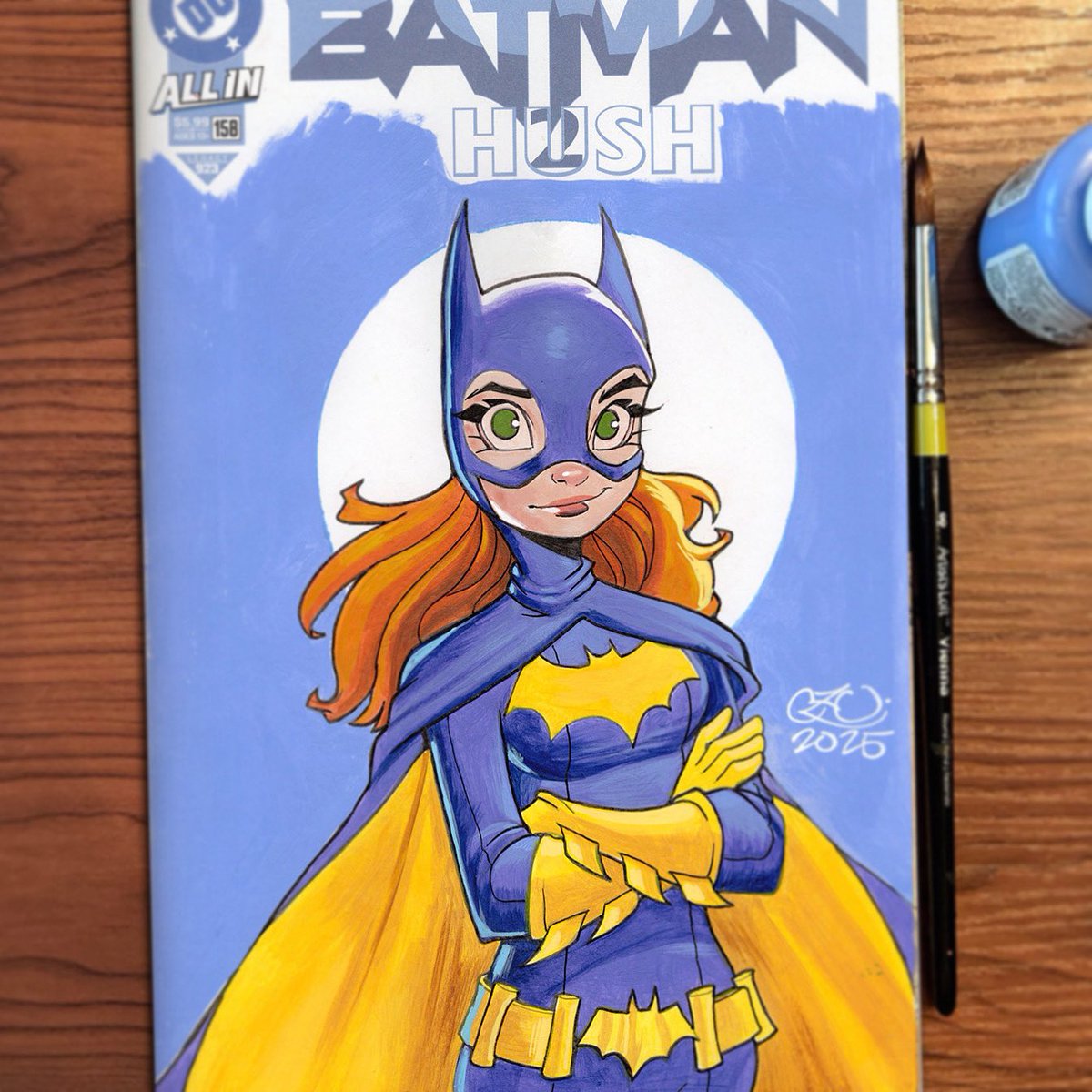 Little Batgirl painted on a sketch cover 🦇. Also, I’m at Motor City Comic Con this weekend at A-23 in Artist Alley! See some of you here! #traditionalart