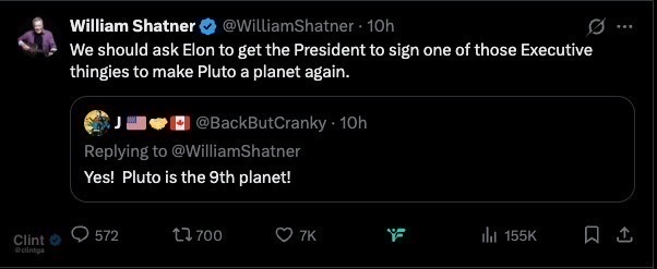 clintga's tweet photo. Hey @elonmusk as much as I hate to agree with Capt. Kirk he's right!
Pluto should regain it's status as our 9th planet
#makeplutoaplanetagain #pluto https://t.co/NWmlquV4qn