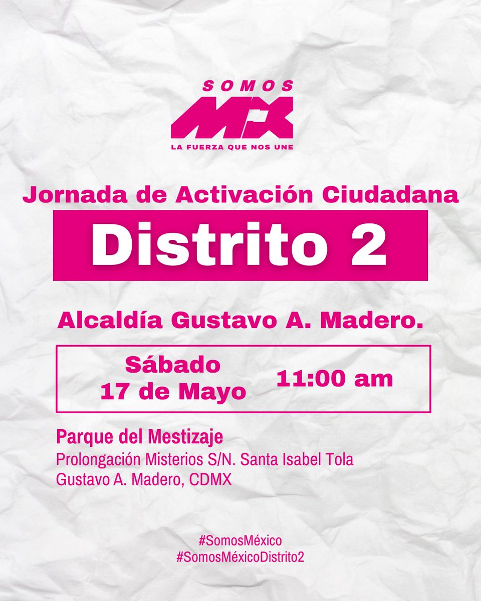 RicardoParadaR's tweet photo. 📢 Este próximo 17 y 18 de mayo acompáñanos a la Jornada de Activación Ciudadana
👚Apoyemos a la marea rosa… por el México que queremos.

#SomosMéxico
#SomosMx
#LaFuerzaQueNosUne
#Distrito12Cuauthémoc https://t.co/GyNjFuUqkA