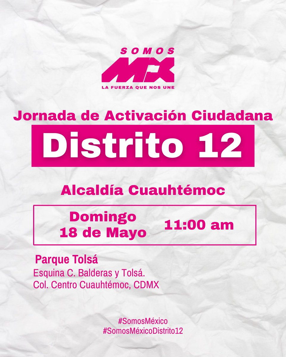 RicardoParadaR's tweet photo. 📢 Este próximo 17 y 18 de mayo acompáñanos a la Jornada de Activación Ciudadana
👚Apoyemos a la marea rosa… por el México que queremos.

#SomosMéxico
#SomosMx
#LaFuerzaQueNosUne
#Distrito12Cuauthémoc https://t.co/GyNjFuUqkA