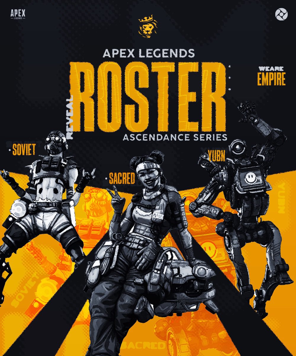 Ladies and gentlemen introducing your EMPIRE Gaming Apex Legends team for the <a href="/CCEUCX/">CCE UCX ⛩</a> Ascendance Series!

Welcome <a href="/yubn_o/">YUBN</a> @vunted5 <a href="/Soviet_AB/">Soviet</a> to the kingdom! 

#OurKingdom | #WeAreEMPIRE