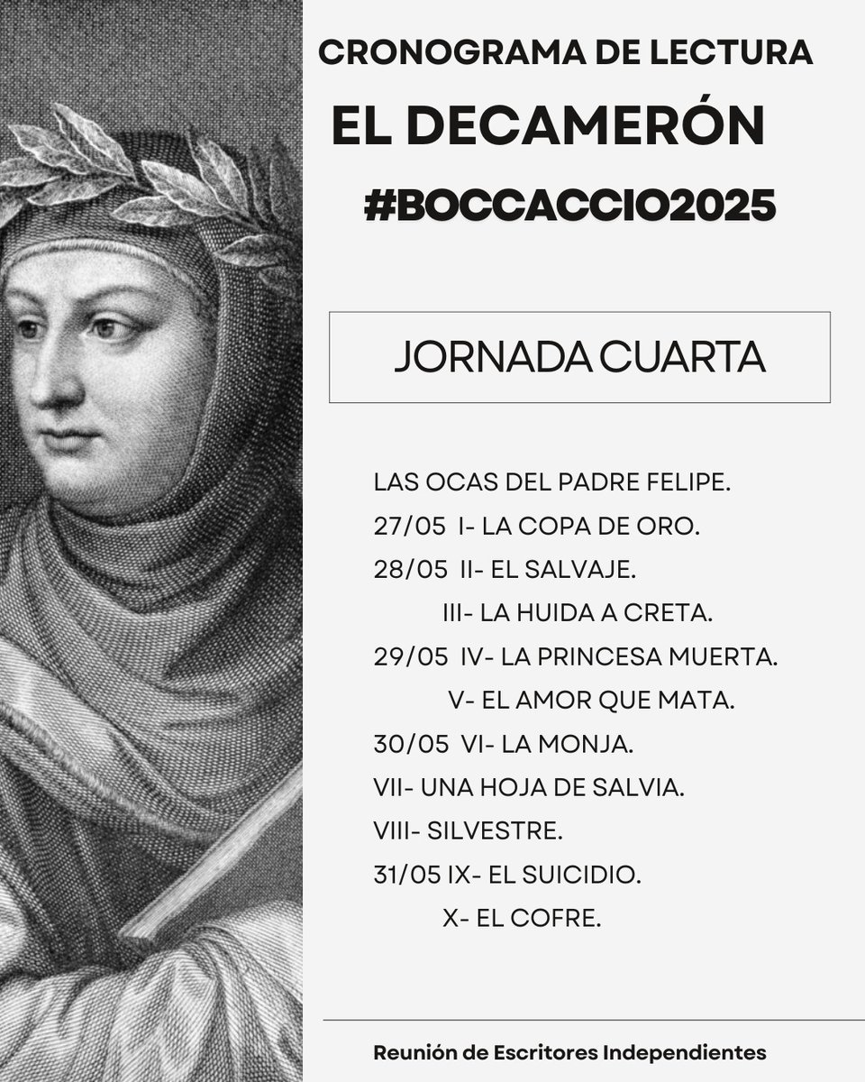 Debajo cronograma de lectura de "El Decamerón" #Boccaccio2025 
- Jornada tercera.
- Jornada cuarta.