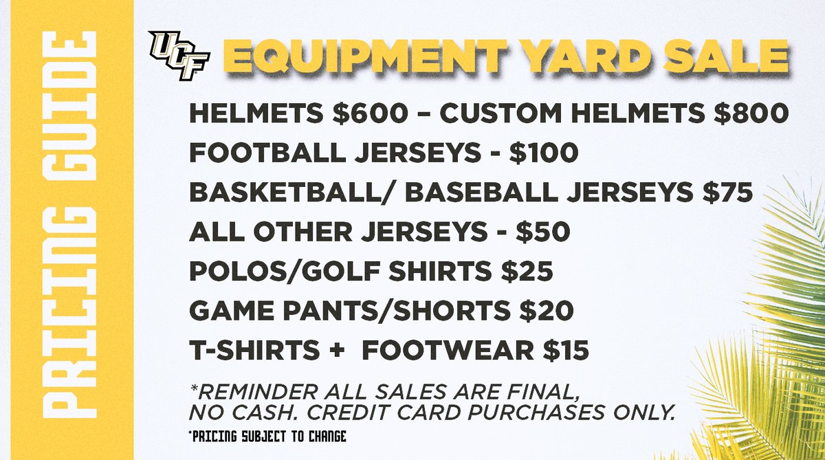 UCF_FanX's tweet image. The pricing guide has dropped for tomorrow's @UCF_Equipment Yard Sale!