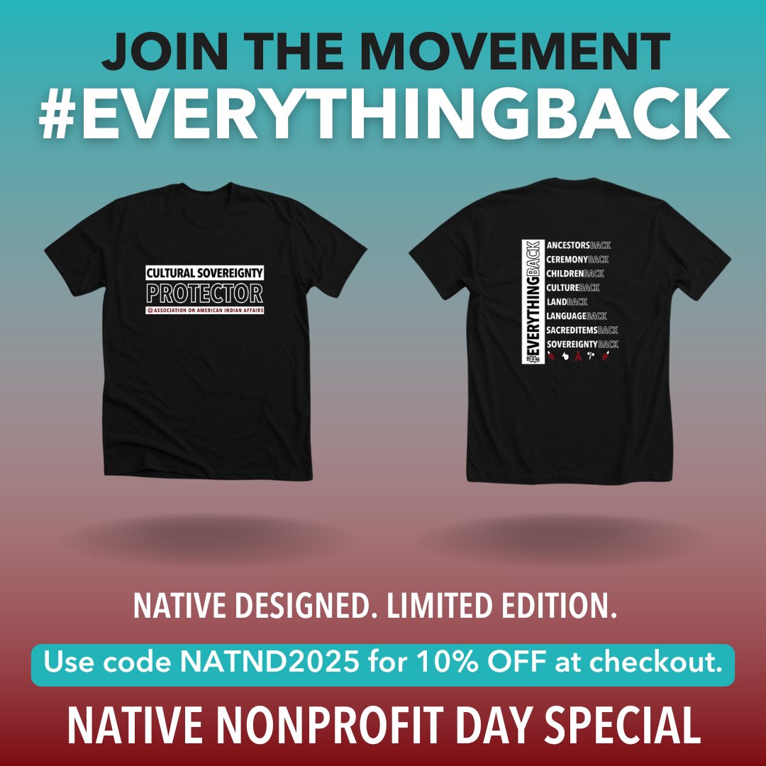 IndianAffairs's tweet image. 🎉 Today only! Use code NATND2025 at checkout for 10% off all Native-designed tees, hoodies &amp;amp; more. Every purchase supports Native sovereignty, culture &amp;amp; youth. Don’t miss out—shop now and wear your values! ✊ #SupportNative #WearNativePride f.mtr.cool/xejvgjjjqe