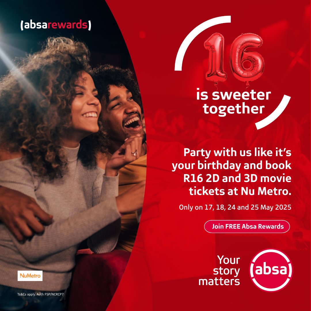 AbsaSouthAfrica's tweet photo. We're gifting our Absa Rewards family R16 movie tickets @Numetro over two weekends as our birthday month continues! Make movie night the best night, using your Absa card. Valid until 25 May 2025. Ts&amp;Cs apply. #AbsaRewardsSweet16 #YourStoryMatters
Join free Absa Rewards https://t.co/z7hrlkKAuJ