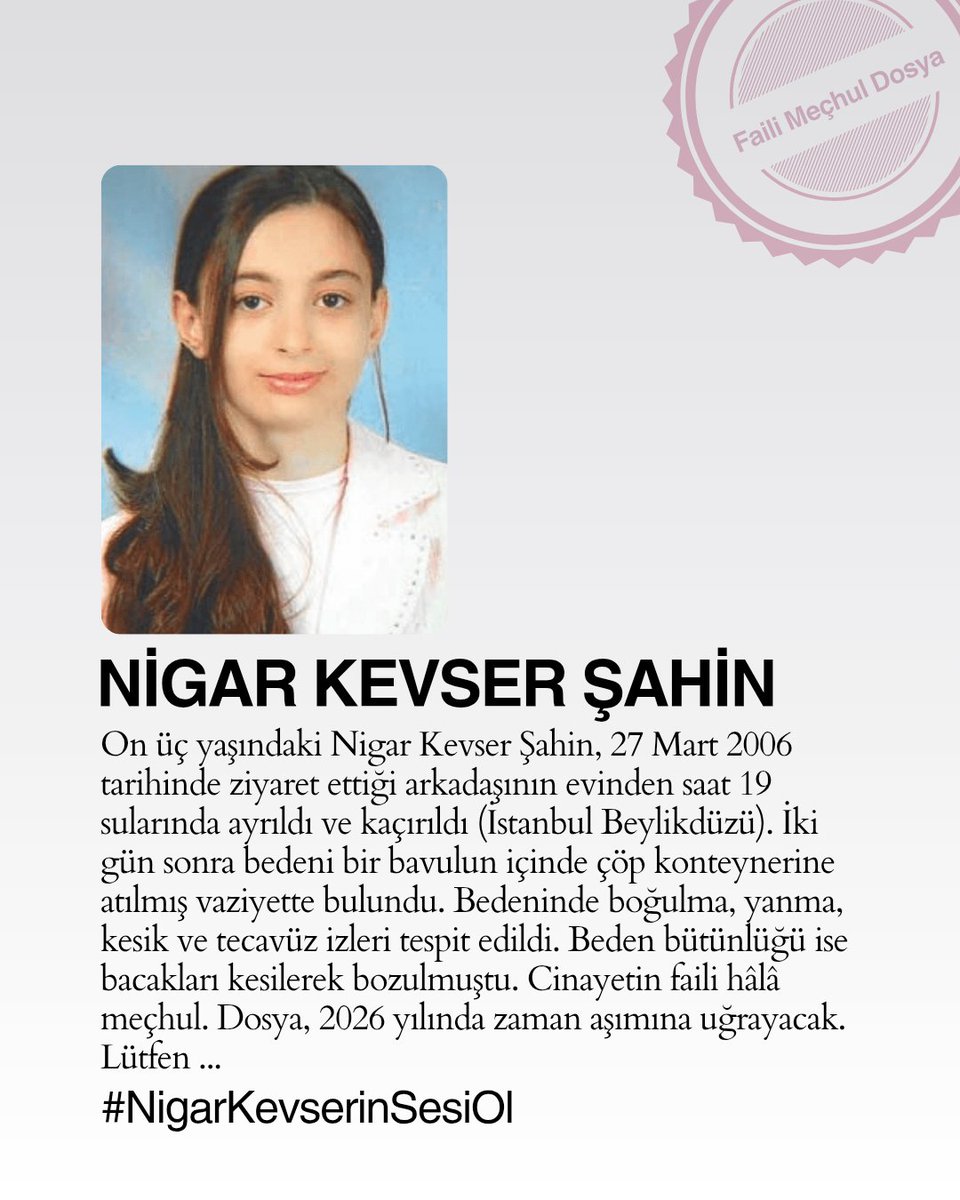 Dosyanın zaman aşımına uğramadan çözülmesi için bi adım atılsın, Nigar'in katili aramızda gezmesin! #NigarKevserinSesiOl #NigarKevseriKimKatletti #NigarKevserSahin