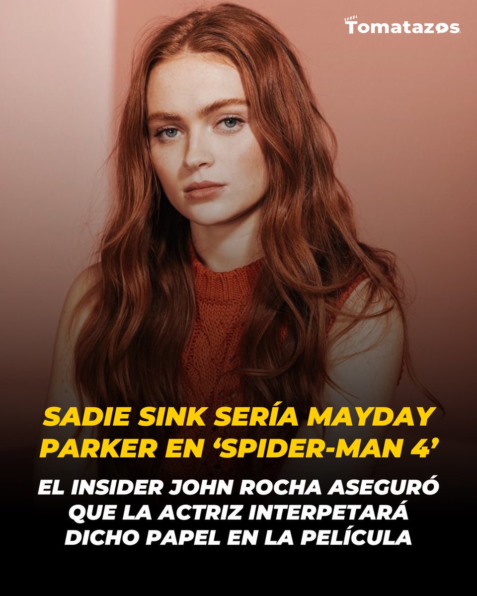 TomatazosCom's tweet photo. BREAKING 🚨 Según #JohnRocha, #SadieSink dará vida a #MayDayParker en #SpiderMan: Brand a New Day. El personaje es la hija de #PeterParker y rumores dicen que sería descendiente del trepamuros de #TobeyMaguire https://t.co/4xZtmauEVF