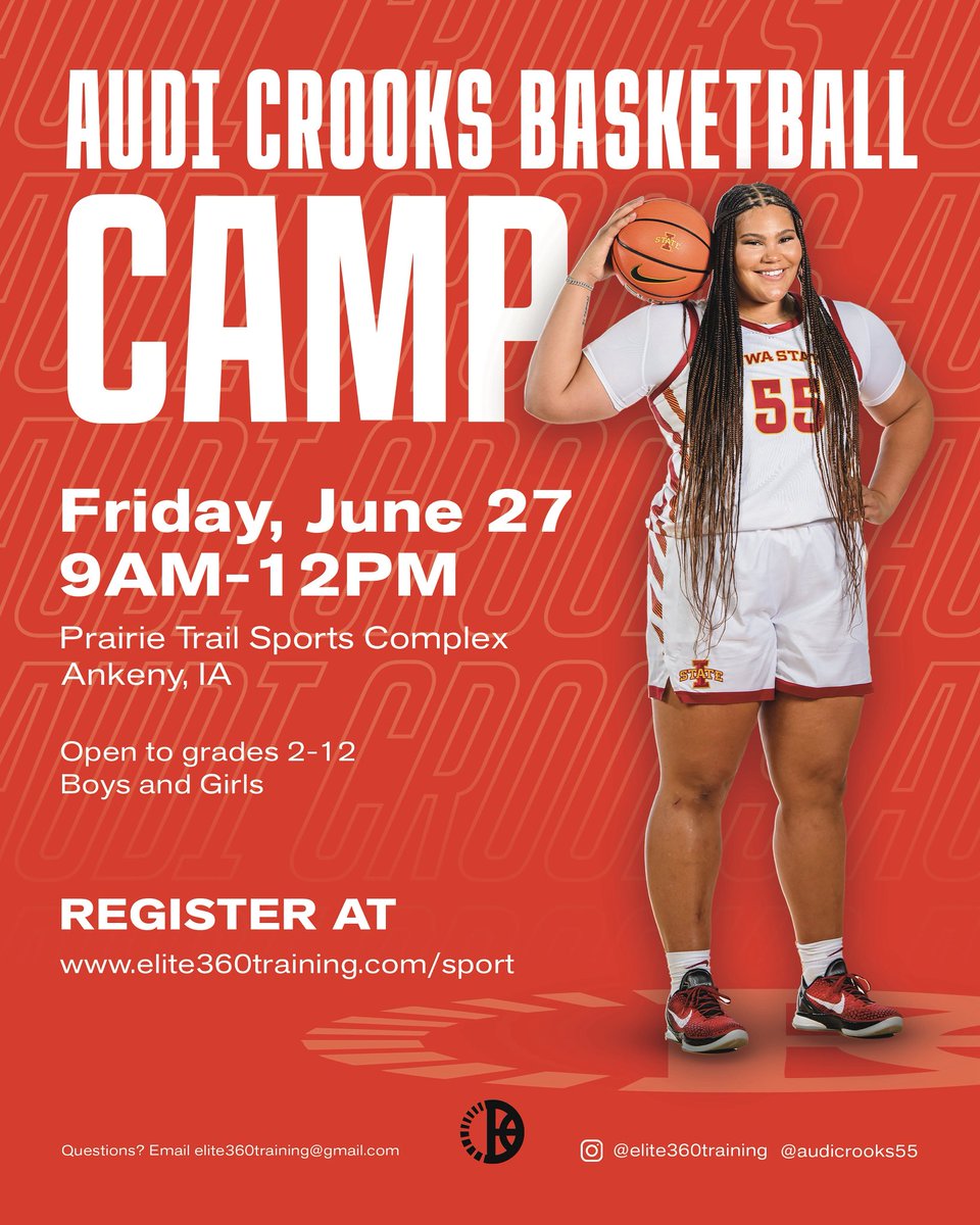 Elite 360 Training (@elite360train) on Twitter photo Camp is filling quickly! Come join tremendous player <a href="/AudiCrooks/">Audi Crooks</a> for her camp on June 27 in Ankeny.
Impactful drills, refine skills, compete! Oh and learn from a driven, character-based leader.
Let’s do this 55! See you there, Athletes! ❤️💛 Camp is filling quickly! Come join tremendous player <a href="/AudiCrooks/">Audi Crooks</a> for her camp on June 27 in Ankeny.
Impactful drills, refine skills, compete! Oh and learn from a driven, character-based leader.
Let’s do this 55! See you there, Athletes! ❤️💛