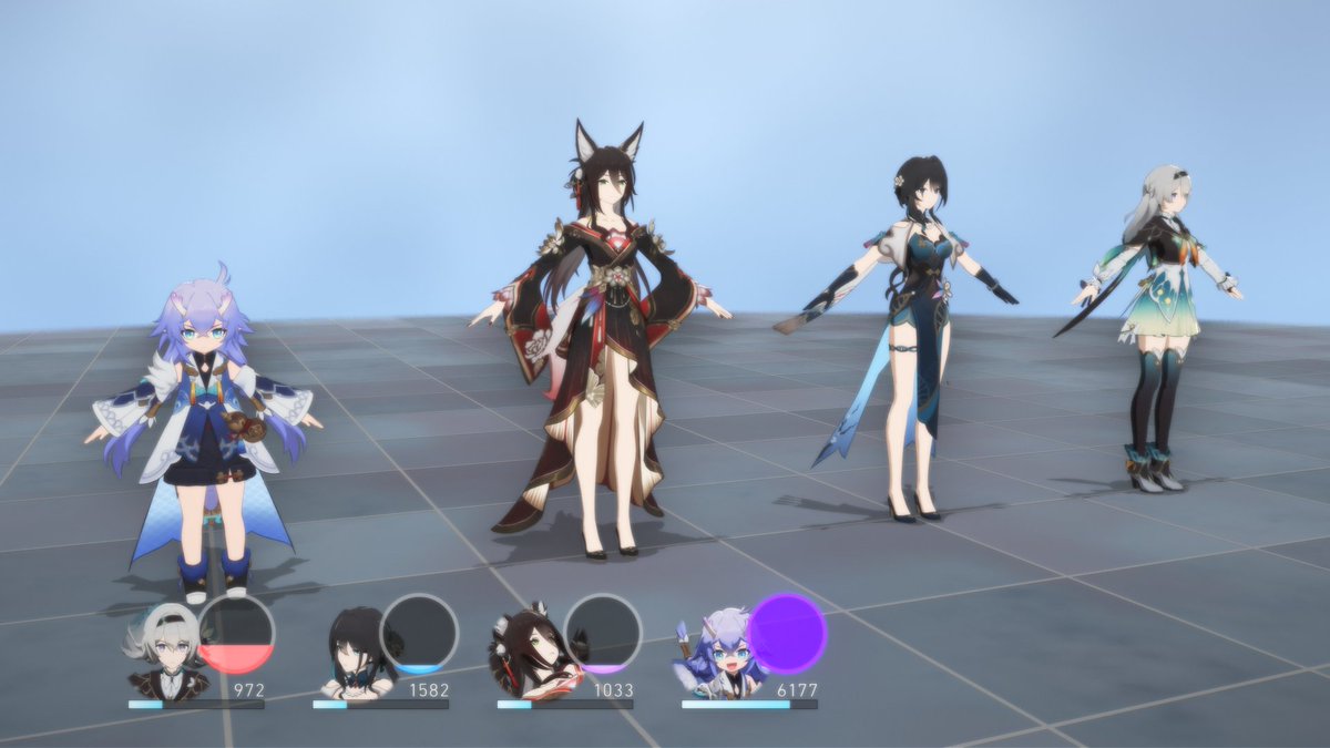ようやくゲーム風のUIやらモデルのセットアップやら終わった
右3人が膨体する予定です