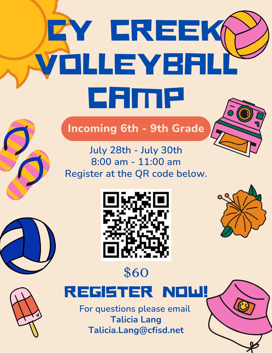 Serve up your summer with volleyball at Cy Creek! Our middle school camp is all about learning, playing, and having a blast. Let’s make this summer legendary! Sign up today! #CyCreek #SummerVibes AHHHCC🏐🏐🏐🏐
