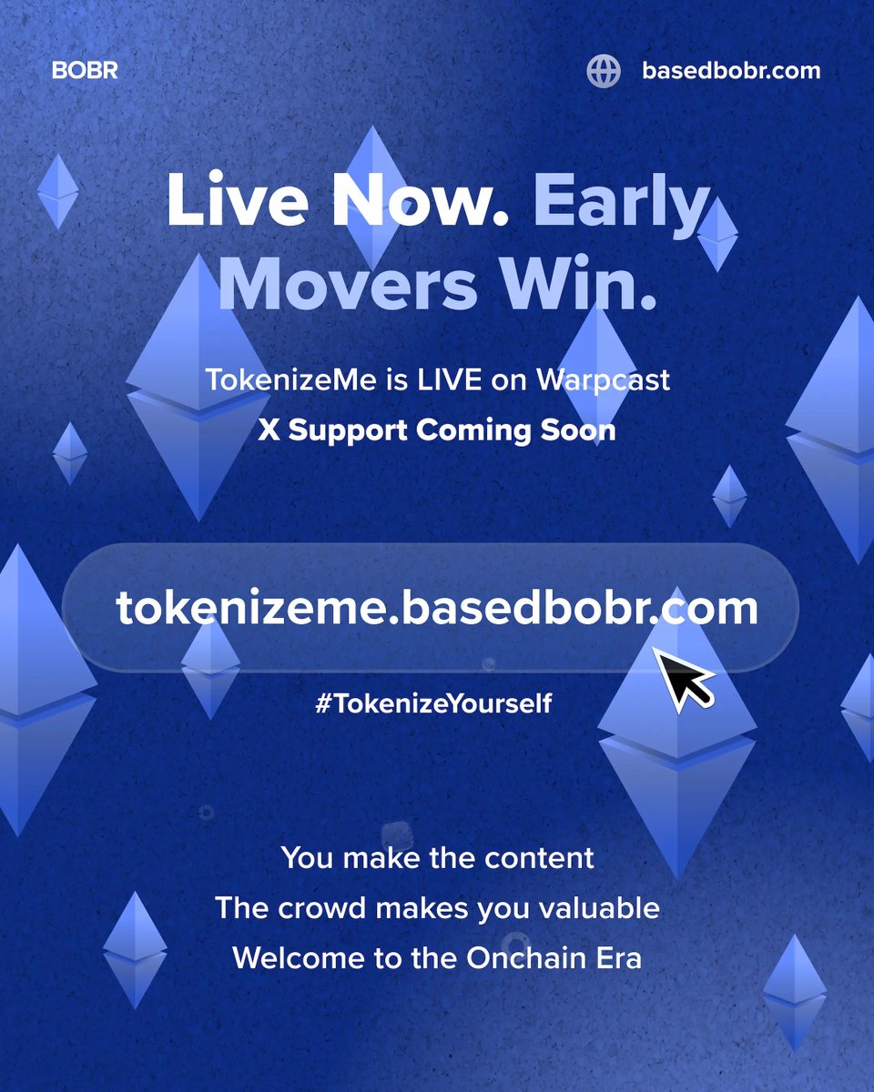 BasedBOBR's tweet photo. @zora @TokenizeMe Live Now. Early Movers Win.
🟢 TokenizeMe is LIVE on Warpcast
🐦 X support coming soon
You make the content
The crowd makes you valuable
Welcome to the onchain era
👉 https://t.co/PTChyNIZlO
#TokenizeYourself #BasedBOBR https://t.co/XEJ6SeNfi4