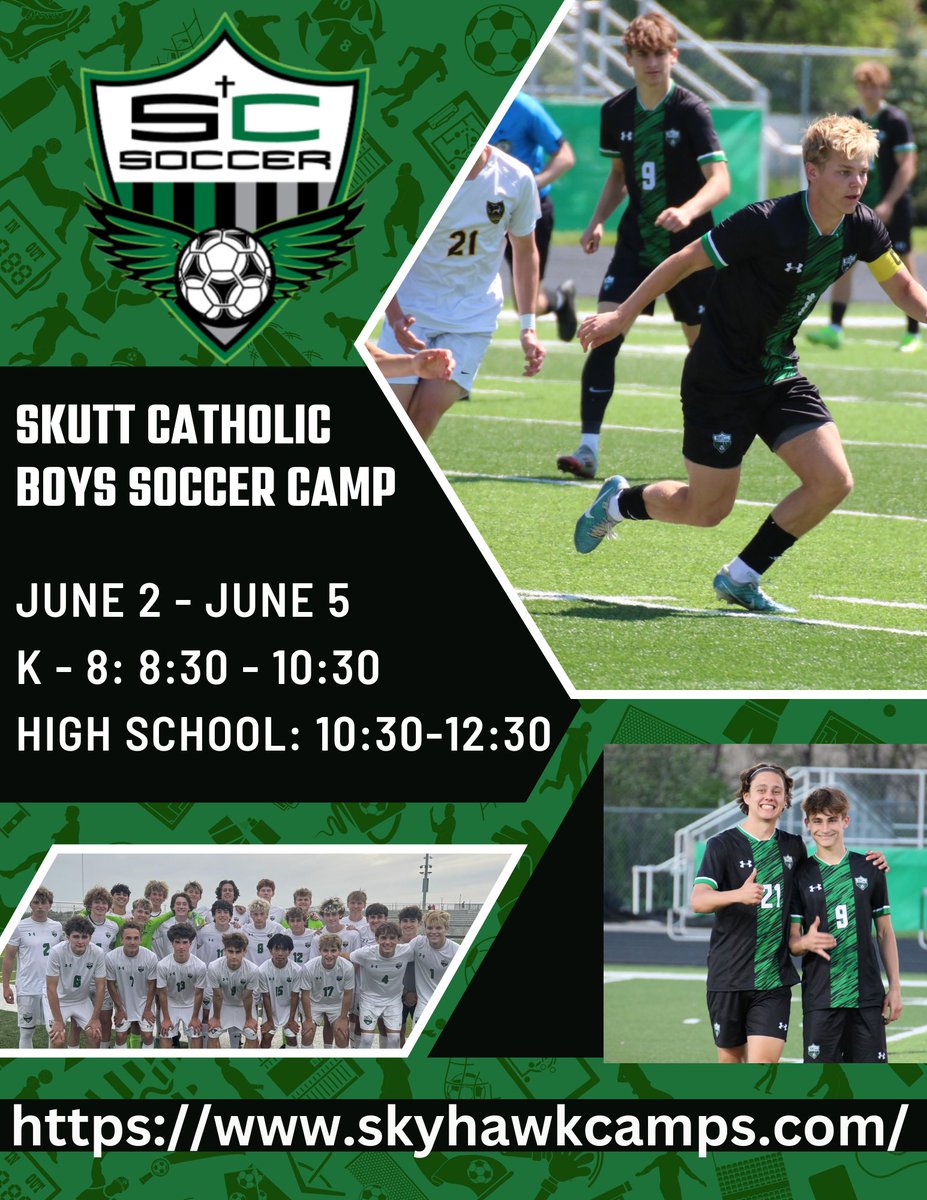 Join us for the Skutt Catholic Boys Soccer Camp!
📆 June 2-5
🕣 Grades K-8: 8:30-10:30
       High School: 10:30-12:30
Register at skyhawkcamps.com