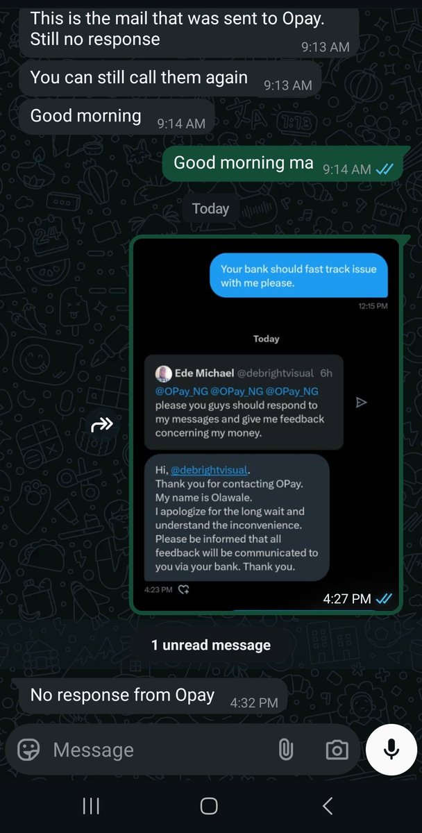 debrightvisual's tweet photo. @OPay_NG you guys are just making less important. I have complained this severally time yet you guys are not responding to my bank messages. I discuss with them. @officialEFCC @OPay_NG no message from your end since one week now. https://t.co/NKa80i0Jx8