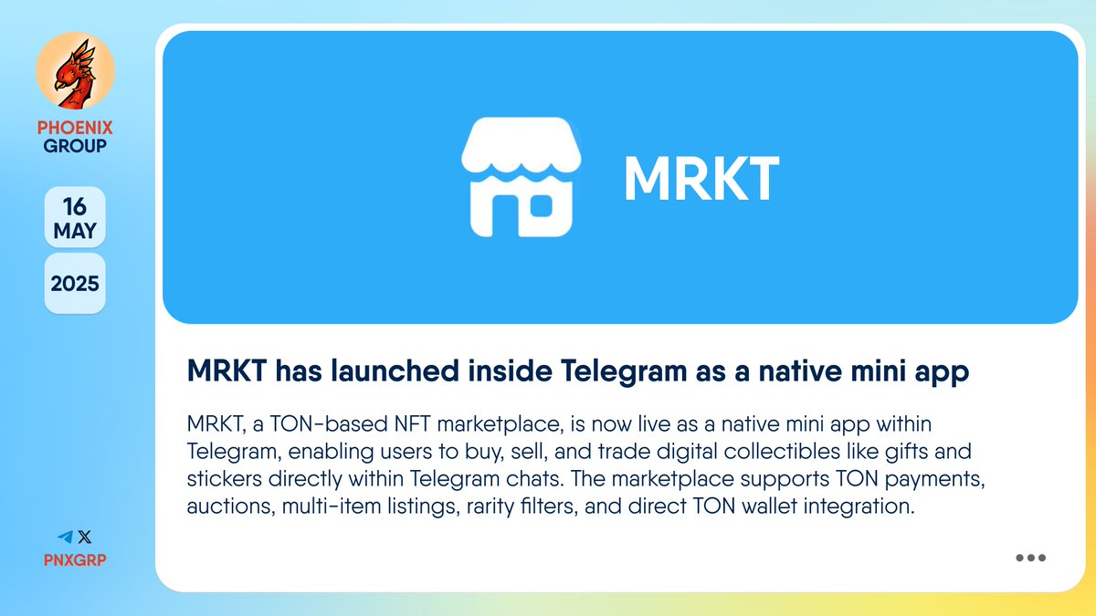 🚀 @MRKT_tg has launched inside @Telegram as a native mini app #MRKT, a  TON-based #NFT marketplace, is now live as a native mini app within  #Telegram, enabling users to buy, sell, and