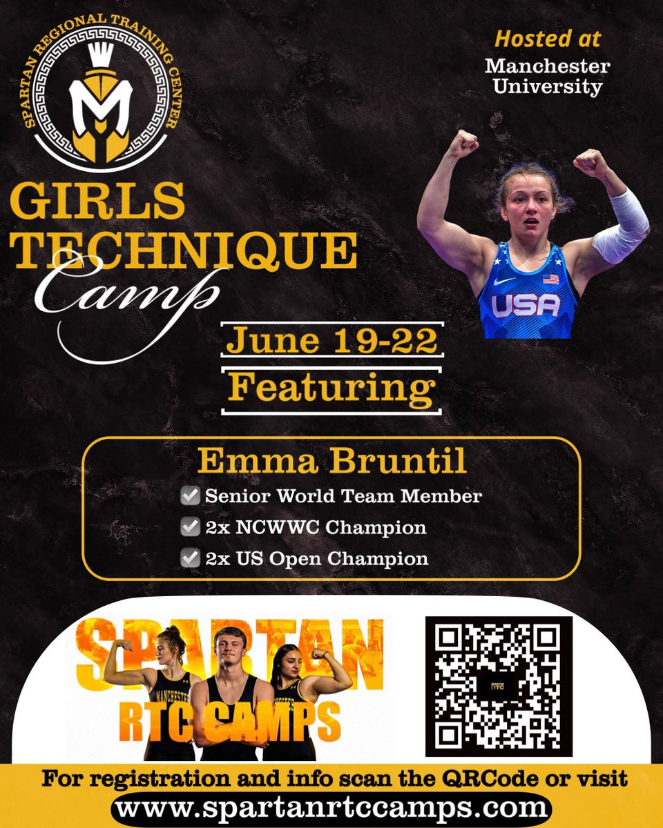 Manchester University Women’s Wrestling (@muwomenswr1) on Twitter photo This week we will highlight each
Spartan RTC camp clinician.
Do not wait to register for camp (June 19-22)
Spartanrtccamps.com
Today we highlight:
Emma Bruntil <a href="/Emmaaabruntil/">Emma Bruntil</a>
Career Highlights
•2X NCWWC National Champion
•World Team Member
•2X US Open Champion This week we will highlight each
Spartan RTC camp clinician.
Do not wait to register for camp (June 19-22)
Spartanrtccamps.com
Today we highlight:
Emma Bruntil <a href="/Emmaaabruntil/">Emma Bruntil</a>
Career Highlights
•2X NCWWC National Champion
•World Team Member
•2X US Open Champion