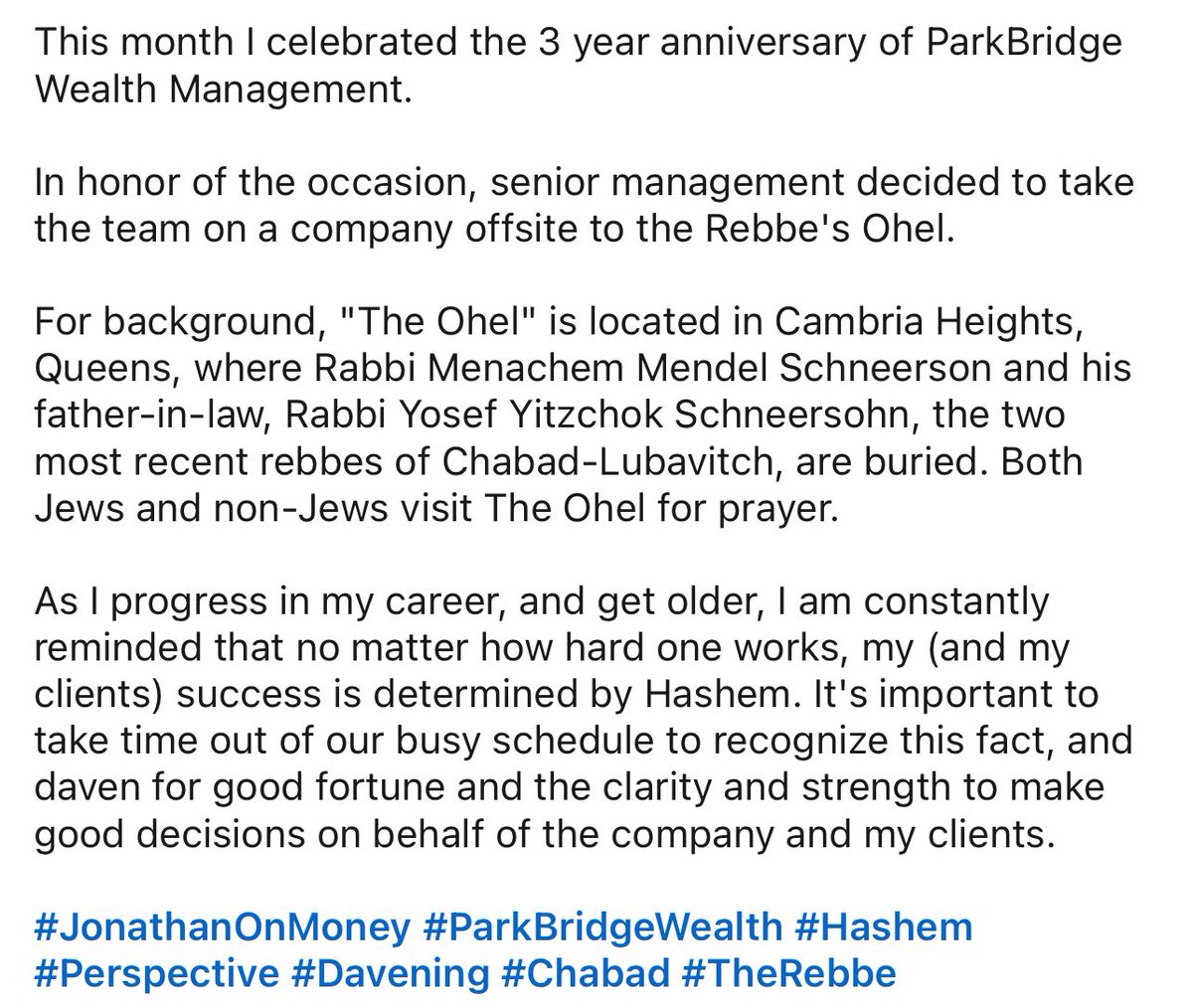 JonathanOnMoney's tweet photo. This month I celebrated the 3 year anniversary of ParkBridge Wealth Management.

In honor of the occasion, senior management decided to take the team on a company offsite to the Rebbe's Ohel.

#JonathanOnMoney #ParkBridgeWealth #Hashem #Perspective #Davening #Chabad #TheRebbe https://t.co/wQQ5gu1TUQ