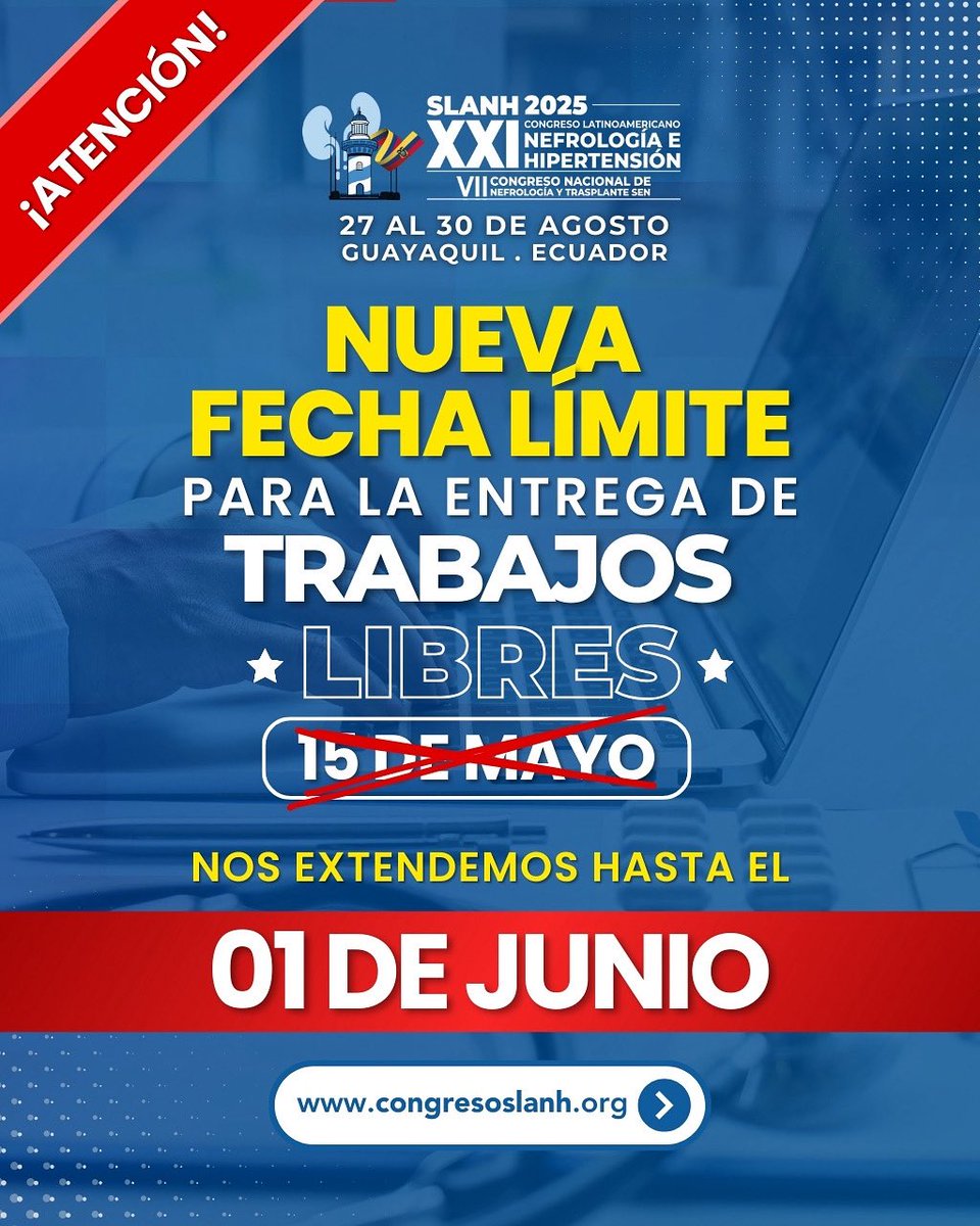 📢 ¡Atención investigadores y profesionales de la salud!
🎓🔬

Se amplía el plazo para la entrega de Trabajos Libres del Congreso SLANH 2025 🗂️

🆕 Nueva fecha límite: 1 de junio de 2025

💻 Postula tu trabajo en:
👉 congresoslanh.org

#SLANH2025 #congresoslanh2025