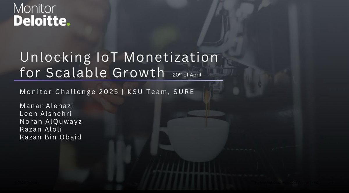 Congrats to our #KSU_SWE team “SURE”for advancing to the final round of the Monitor Deloitte Challenge 2025 with their project on IoT Monetization!👏

Proud of:
Leen Alshehri | Norah AlQuwayz | Manar Alenazi | Razan Aloli | Razan Bin Obaid

Wishing you the best in the next round!