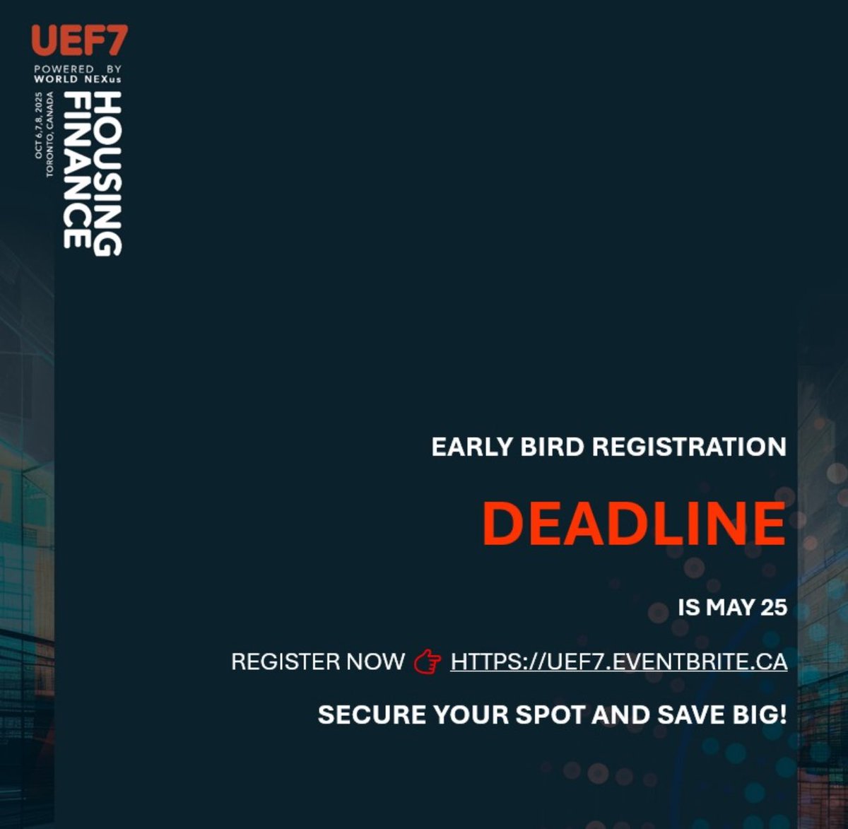 Secure your spot and save BIG!
Register today: 👉 UEF7.eventbrite.ca

UEF7, Where global challenges meet bold urban solutions.

#urbanplanning #sustainabledevelopment #canada #UEF7 #housingfinance