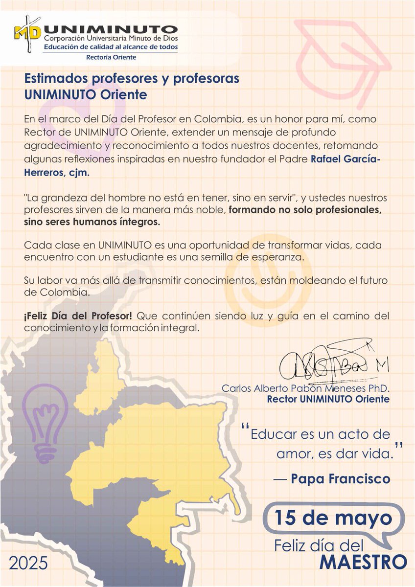 Hoy en UNIMINUTO Villavicencio, rendimos homenaje a quienes, con vocación y entrega, educan más allá del aula. Maestros que inspiran, transforman y con pasión, siembran esperanza cada día.
“Solo el amor cambia al mundo.” Padre Rafael García-Herreros.