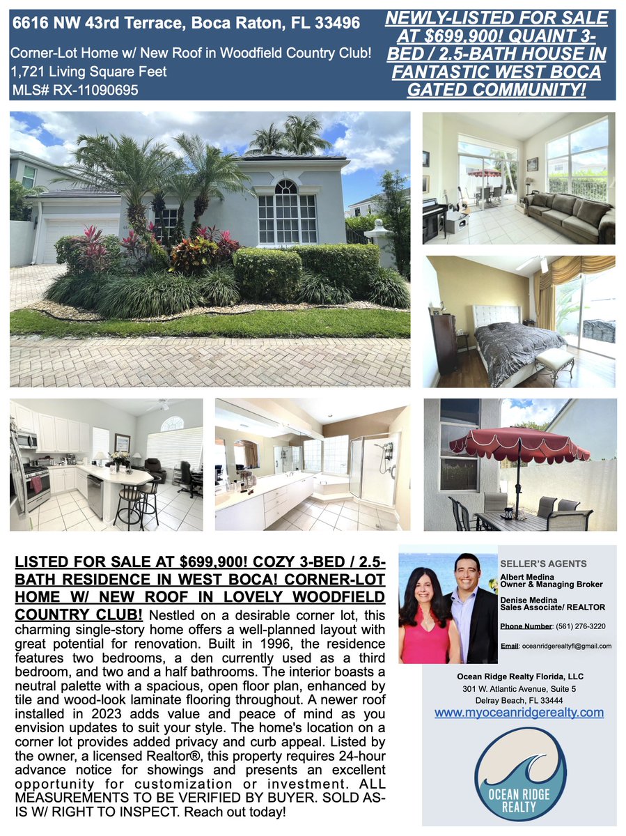 AlbertMedinaEsq's tweet photo. LISTED AT $699,900! COZY 3-BD. / 2.5-BT. HOUSE IN W. BOCA!

CORNER-LOT HOME W/ NEW ROOF IN WOODFIELD COUNTRY CLUB!

6616 NW 43rd Terrace, Boca Raton, FL 33496
RX-11090695
1,721 Sq. Ft.

REACH OUT TODAY!

#forsale #newlisting #Singlefam #Boca #Woodfield https://t.co/gcbzUhaA6B