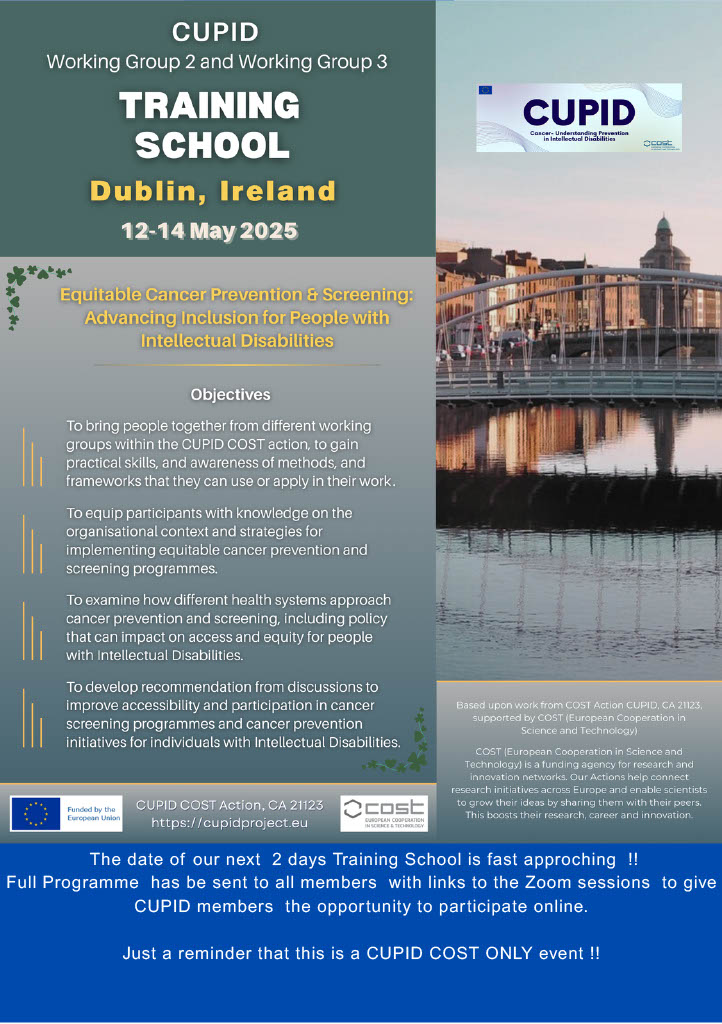 #Newsletter3 #CUPID #COSTAction #CA21123 #cancerprevention #intellectualdisabilities #recentpublications #trainignschool #TrinityCollegeDublin