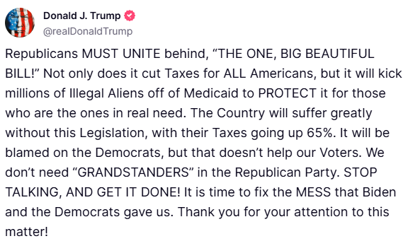 Treasury Secretary Scott Bessent (@secscottbessent) on Twitter photo With full GOP support, we're pushing <a href="/POTUS/">President Donald J. Trump</a>’ "ONE BIG, BEAUTIFUL BILL" across the finish line to deliver tax cuts, increase wages, and bring back U.S. manufacturing.
✔️ With this bill, families could see between $4K to $5K more in take-home pay.
✔️ Workers could get a boost in With full GOP support, we're pushing <a href="/POTUS/">President Donald J. Trump</a>’ "ONE BIG, BEAUTIFUL BILL" across the finish line to deliver tax cuts, increase wages, and bring back U.S. manufacturing.
✔️ With this bill, families could see between $4K to $5K more in take-home pay.
✔️ Workers could get a boost in