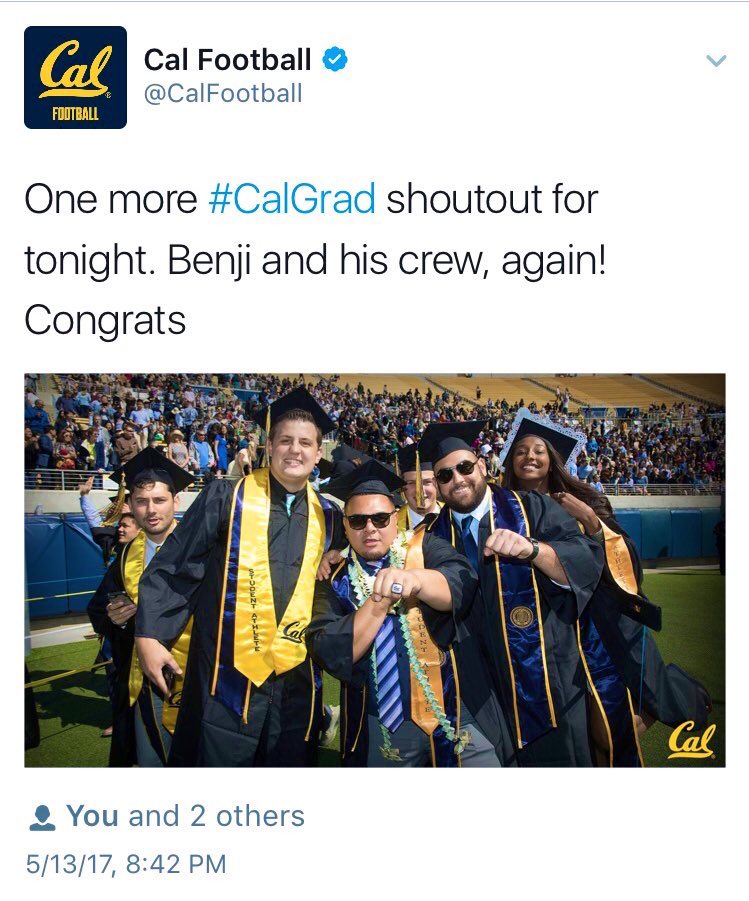 Benji Palu (@benjipalu_cal) on Twitter photo To our football brothers graduating this weekend from <a href="/UCBerkeley/">UC Berkeley</a> the #1 Public University in the world! Go out and get what’s yours and never give up no matter how tough things may get! "Love the life you live. Live the life you love.” #GoBears
#CalFootballFamily To our football brothers graduating this weekend from <a href="/UCBerkeley/">UC Berkeley</a> the #1 Public University in the world! Go out and get what’s yours and never give up no matter how tough things may get! "Love the life you live. Live the life you love.” #GoBears
#CalFootballFamily
