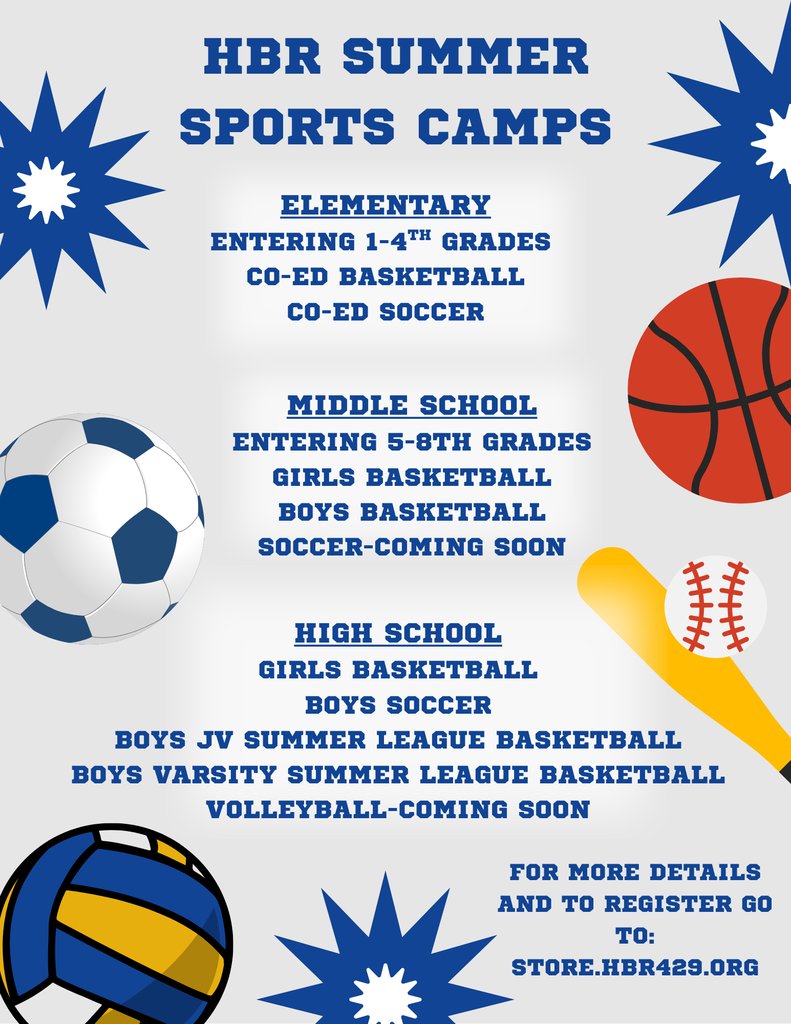 Please see flier below for Summer Camp information. For dates, times, and pricing please go to store.hbr429.org
