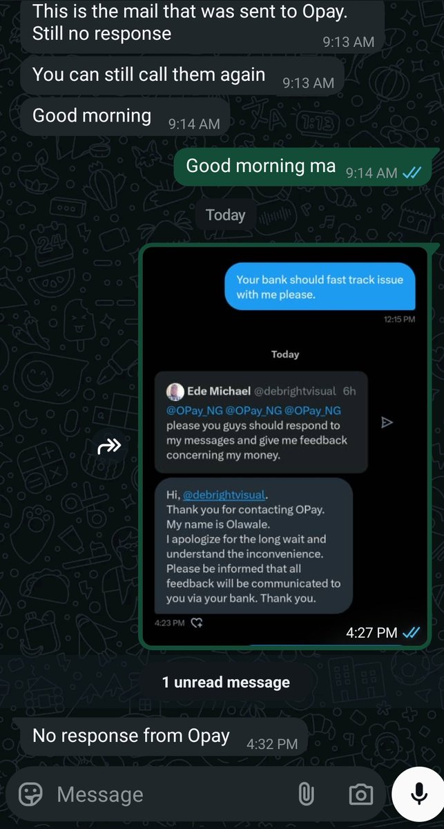 debrightvisual's tweet photo. @OPay_NG This is a message I just send to my bank via WhatsApp and the person at the customer service confirm that you are not responding to message since last week. @cenbank @cenbank please the apex bank assist me recover my 192,000.i have been calling this @OPay_NG about this mistake. https://t.co/MilVvMWyOu