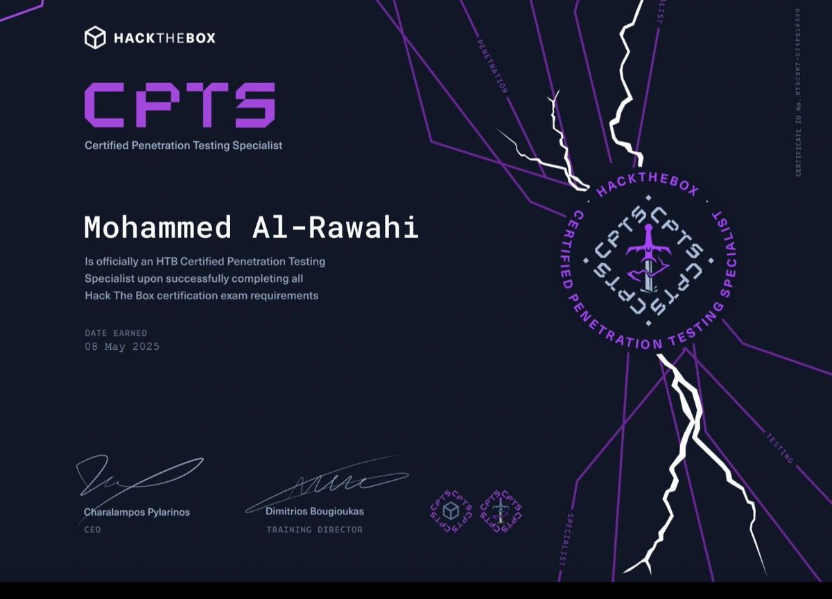 om8hack's tweet photo. الحمدلله، اجتزت شهادة CPTS من HackThebox..
بعد تجربه مثرية وطويلة امتدت ل ٨ شهور مع الكورس واكثر من محاولة للنجاح في الاختبار الذي يمتد ل ١٠ ايام، من خلاله تُسند لك مهمة اختبار اختراق مؤسسة بدئا من مواقعها الخارجية وصولا لجميع شبكاتها الداخلية والمعزولة. https://t.co/Pe8b87vEN6
