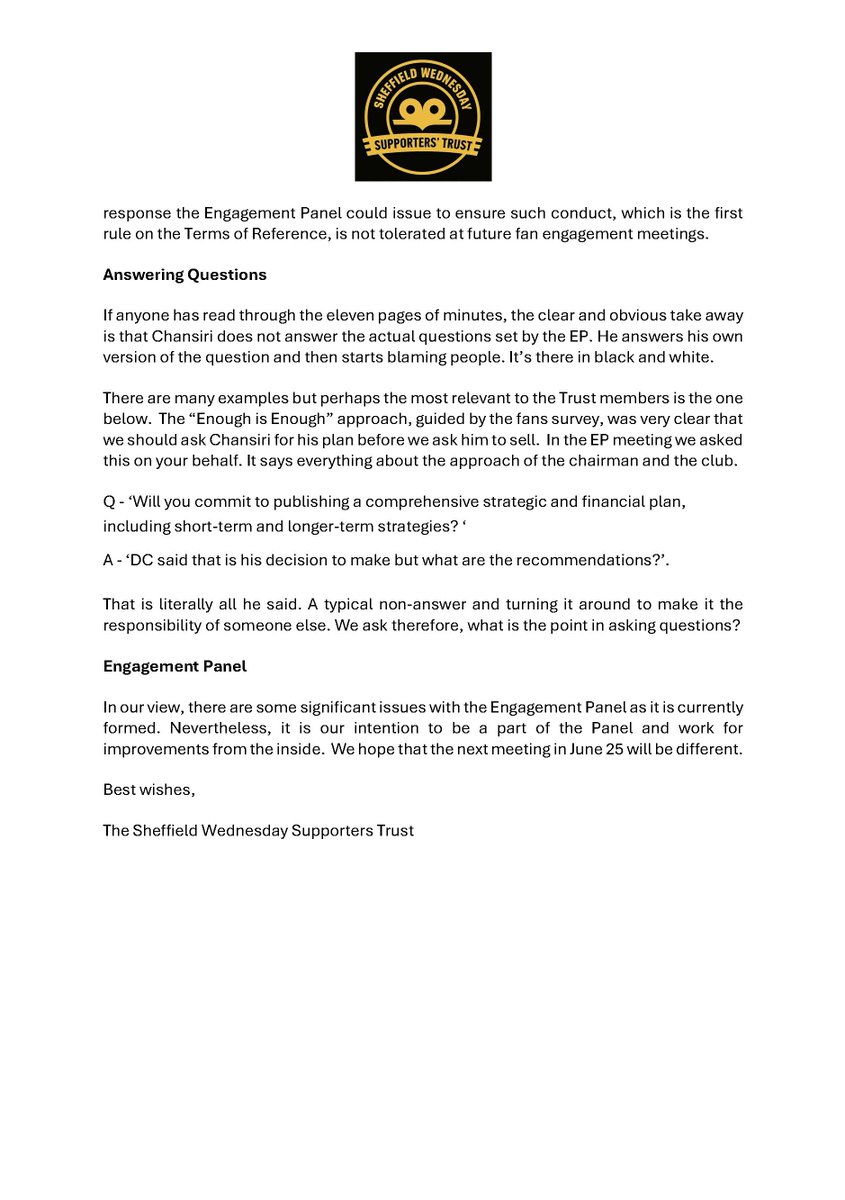 The Sheffield Wednesday Supporters Trust letter to members on our Club’s unacceptable form of engagement.  
#enoughisenough #swfc