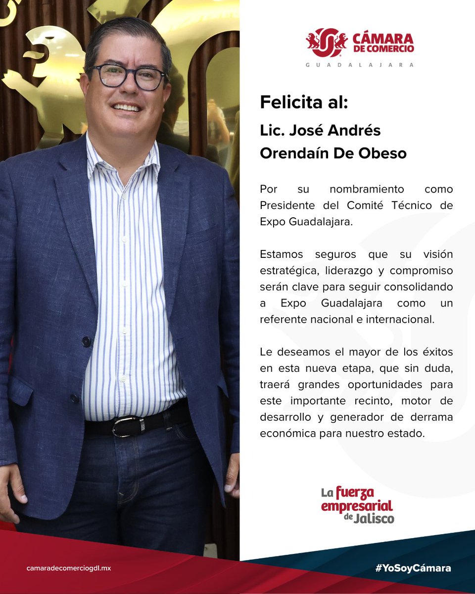 CamaradeCom_GDL (@camaradecom_gdl) on Twitter photo Felicitamos al Lic. <a href="/JosOrendain/">José Andrés Orendáin De Obeso</a> por su reciente nombramiento como Presidente del Comité Técnico de <a href="/ExpoGuadalajara/">Expo Guadalajara</a>.
Su visión estratégica, liderazgo y compromiso serán fundamentales para continuar fortaleciendo a <a href="/ExpoGuadalajara/">Expo Guadalajara</a> como un referente nacional e internacional. Felicitamos al Lic. <a href="/JosOrendain/">José Andrés Orendáin De Obeso</a> por su reciente nombramiento como Presidente del Comité Técnico de <a href="/ExpoGuadalajara/">Expo Guadalajara</a>.
Su visión estratégica, liderazgo y compromiso serán fundamentales para continuar fortaleciendo a <a href="/ExpoGuadalajara/">Expo Guadalajara</a> como un referente nacional e internacional.