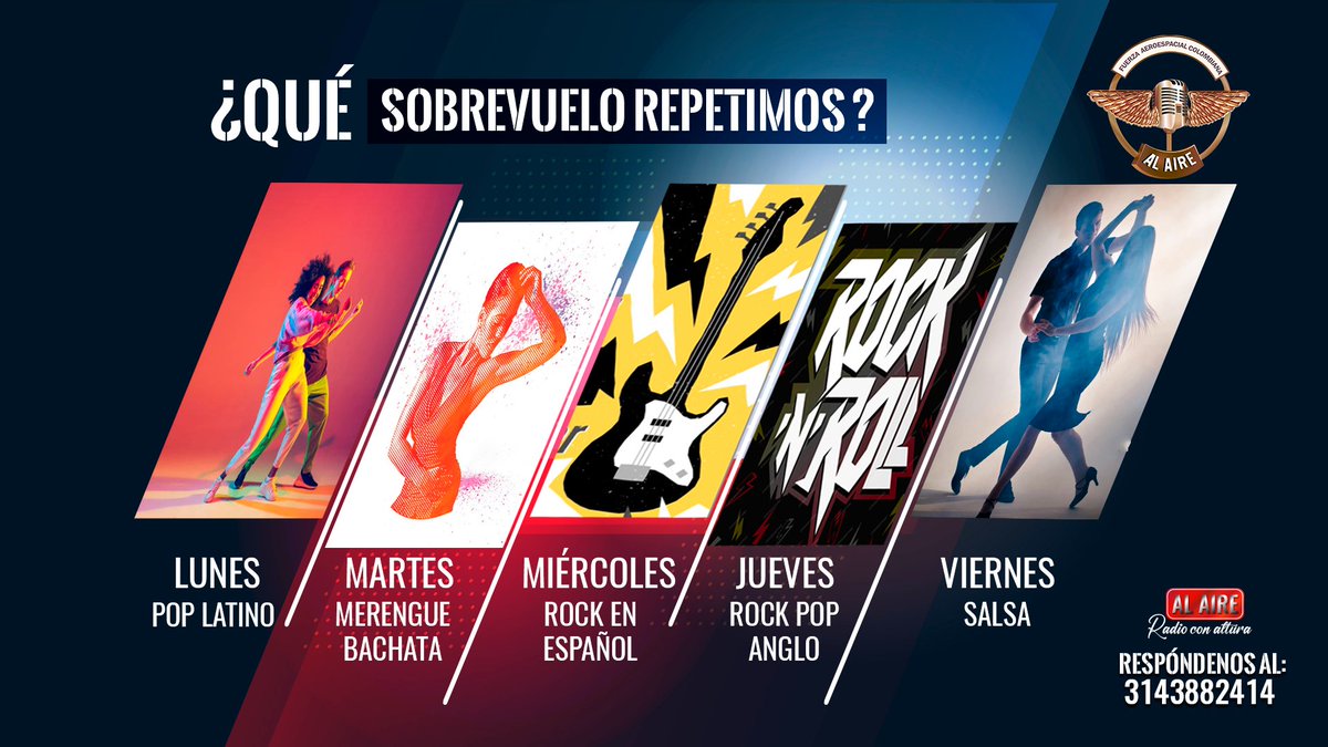 ¡Tu música favorita tiene el poder de regresar!
Queremos saber: ¿Qué #Sobrevuelo repetimos la próxima semana?

🟥 Lunes–Pop Latino
🟧 Martes–Merengue / Bachata
🟨 Miércoles–Rock en Español
🟩 Jueves–Rock Pop Anglo
🟦Viernes–Salsa

Comenta aquí o escríbenos al 📲 3143882414.