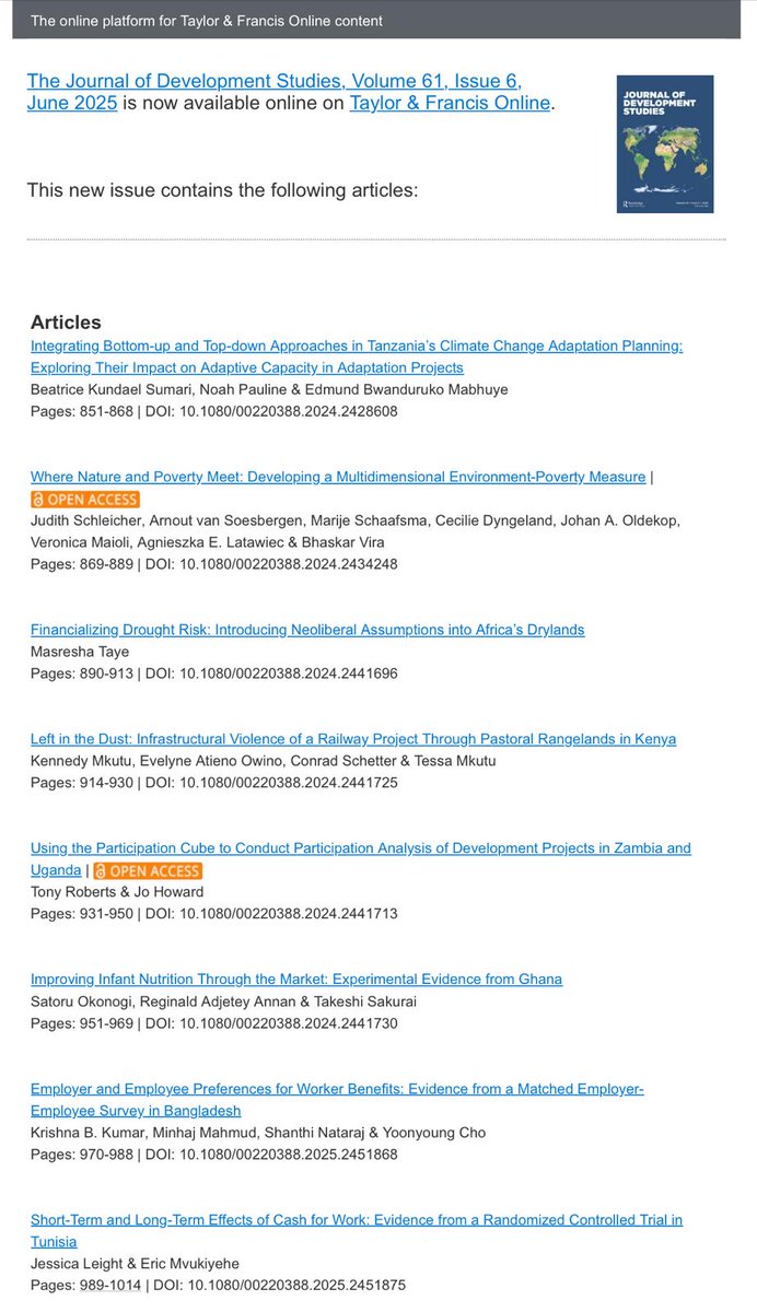 JDevStudies's tweet image. 📢 Our 6th [June] issue of 2025 is up!  

✨Featuring  8⃣ articles &amp;amp; 4⃣ book reviews on climate change, environment, finance, agriculture, democracy, labor &amp;amp; more!

👉Check it out: tandfonline.com/toc/fjds20/cur…

🇹🇿🇮🇳🇿🇲🇬🇭🇹🇳