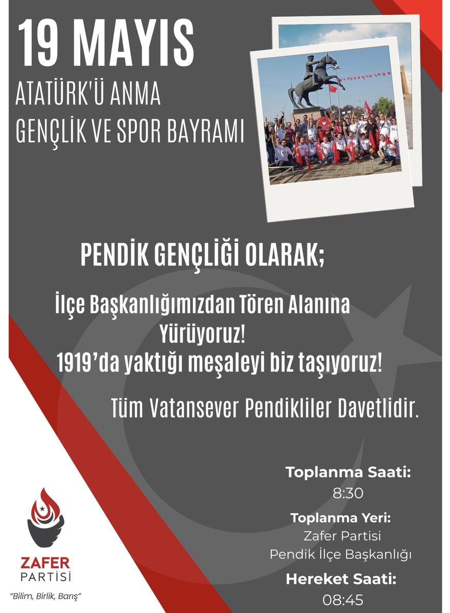 Pendik Gençliği olarak ilçe başkanlığımızdan tören alanına yürüyoruz. 1919’da Atamızın yaktığı meşaleyi biz taşıyoruz. Bu anlamlı yürüyüşte sen de bizimle ol. Sabah 8.30’da ilçe binamızda buluşuyoruz.Atamızın izinde, gençliğin öncülüğünde mücadeleye devam.